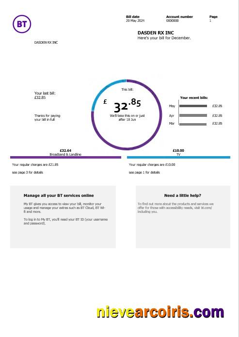 United Kingdom BT telecommunications business utility bill, version 2